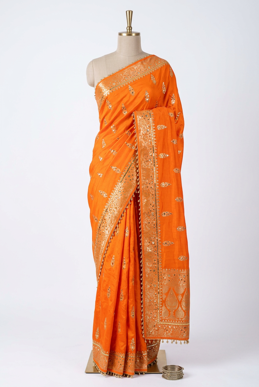 Bright Orange Chinia Silk Ghungroo Mirror Work Saree