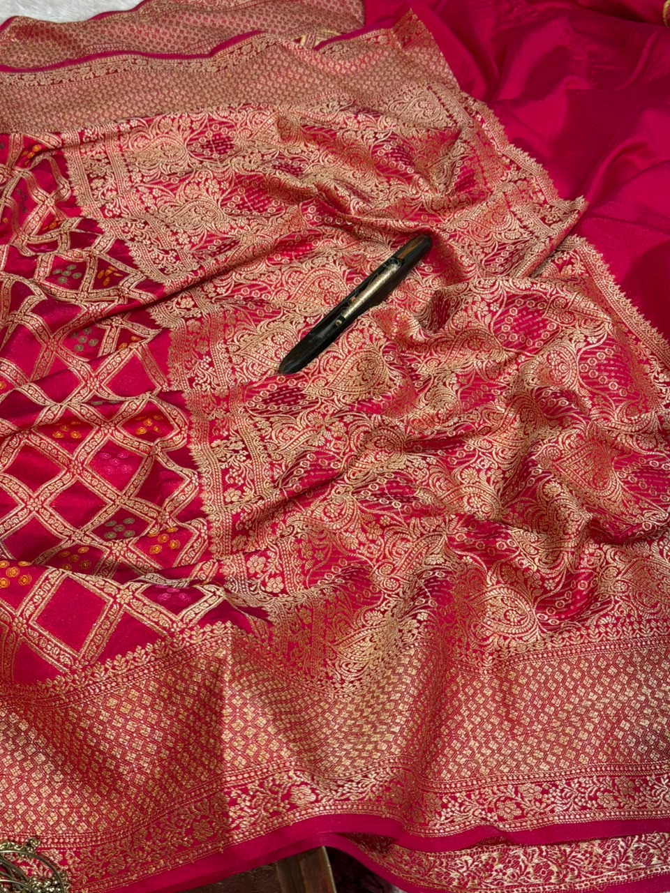 Rani Pink Soft Georgette Silk Bandhani Banarasi Saree