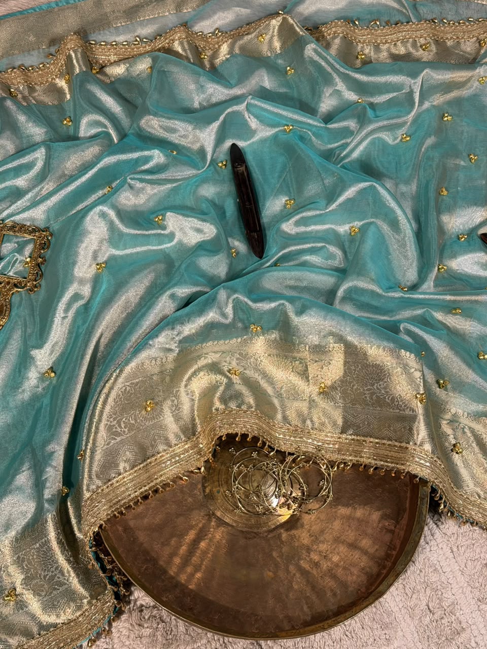 Metallic Sea Green Shade Kora Tissue Silk Banarasi Saree with Viral Ghungroo