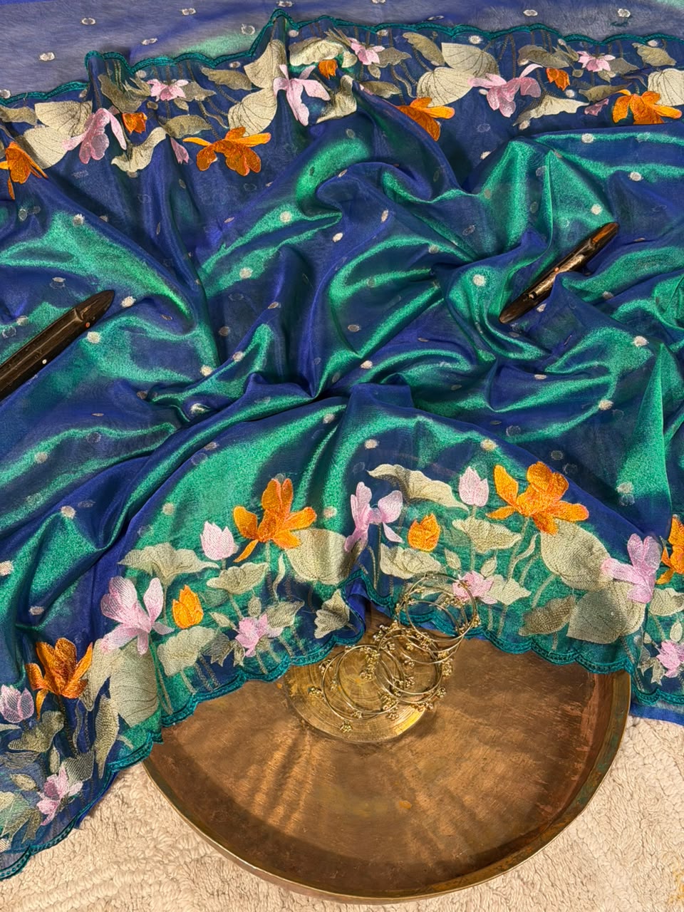 Dhoop Chaon Peacock Kora Tissue Crochet Embroidered Saree