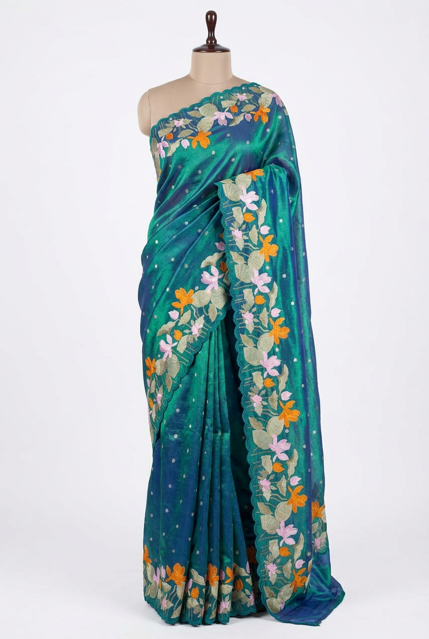 Dhoop Chaon Peacock Kora Tissue Crochet Embroidered Saree