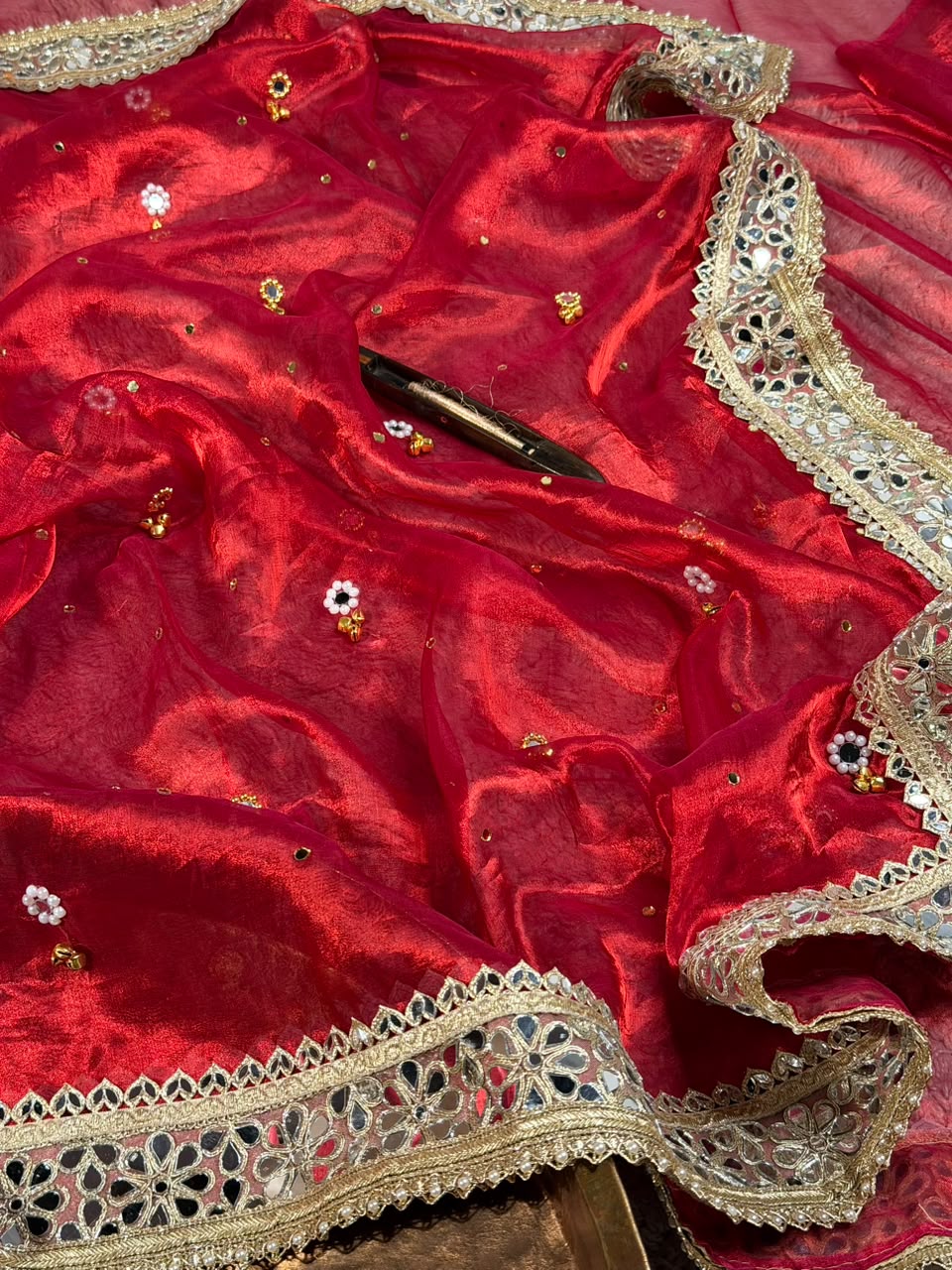 Carmine Red Pure Tissue Silk Ghungroo Mirror Work Saree