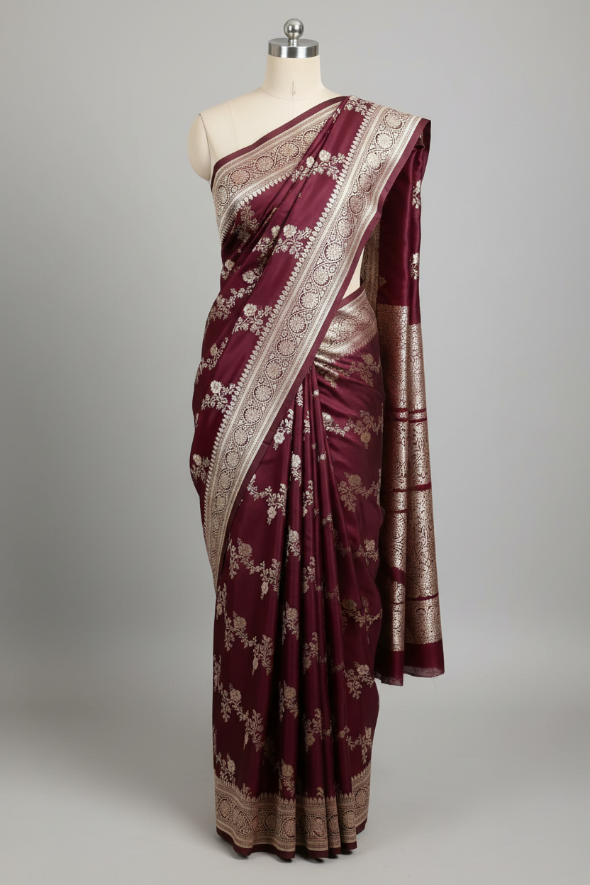 Wine Mashru Katan Silk Leheriya Weave Banarasi Saree