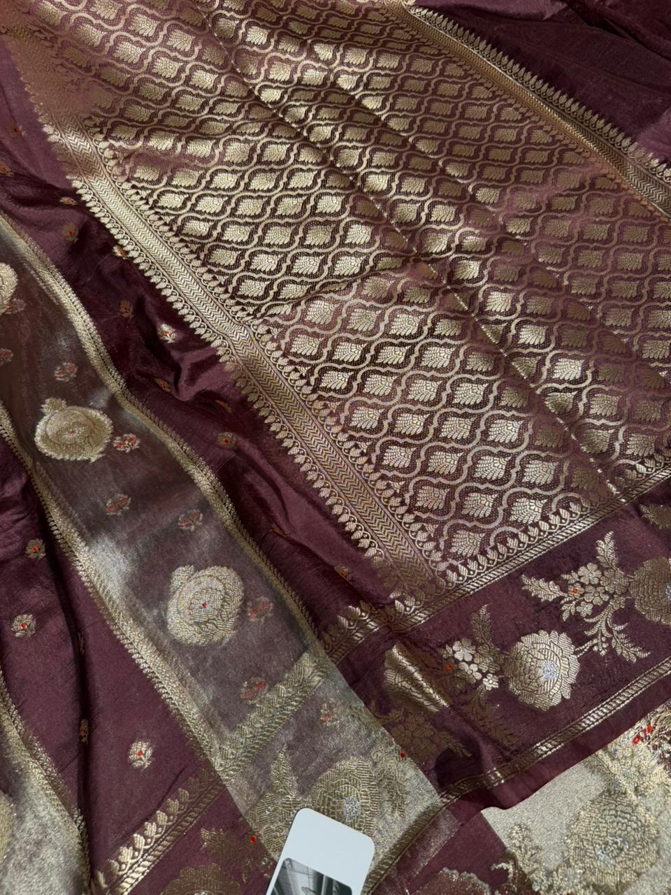 Wine Rangkat Chinia Tissue Silk Heritage Weave Banarasi Saree