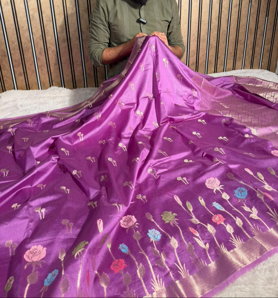 Wine Raw Dupion Silk Contemperory Banarasi Saree