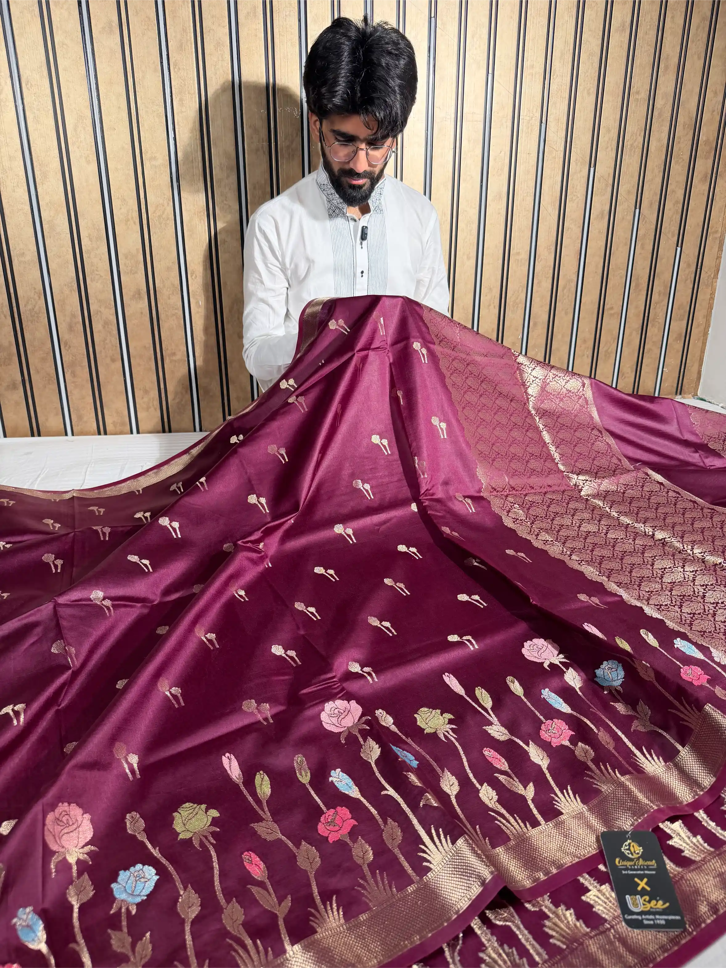 Wine Raw Dupion Silk Contemperory Banarasi Saree