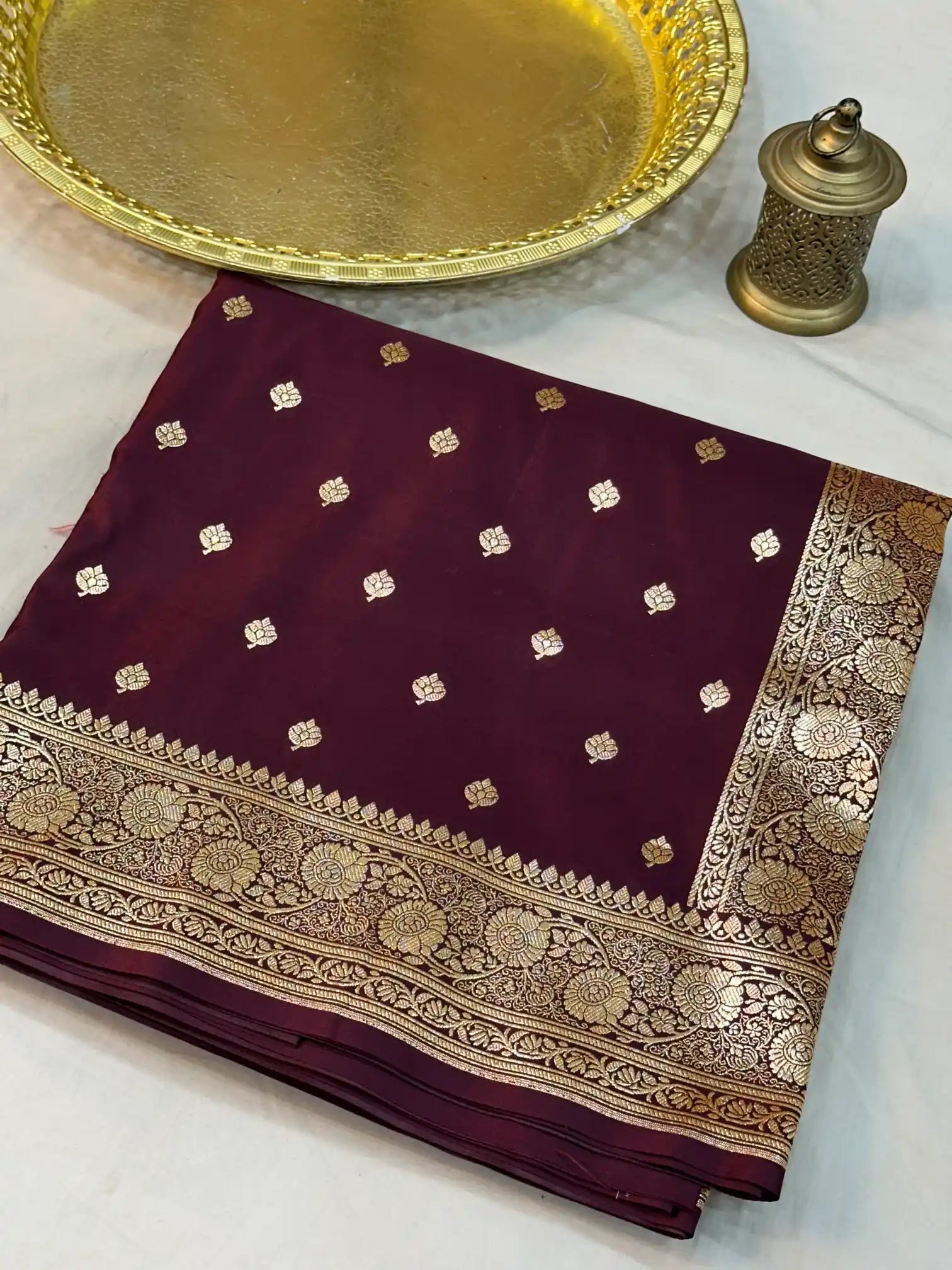 Wine Satin Silk Saree with Buta Design and Classical Pallu