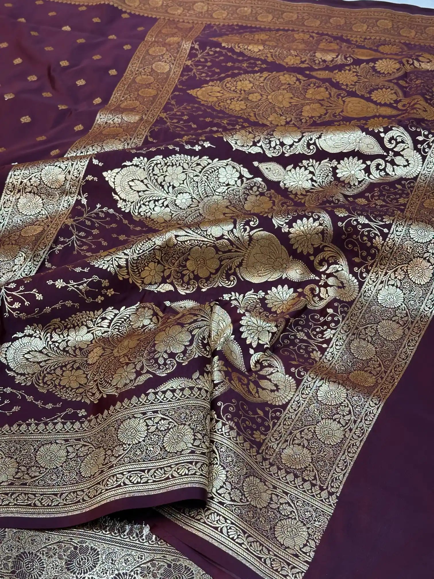 Wine Satin Silk Saree with Buta Design and Classical Pallu