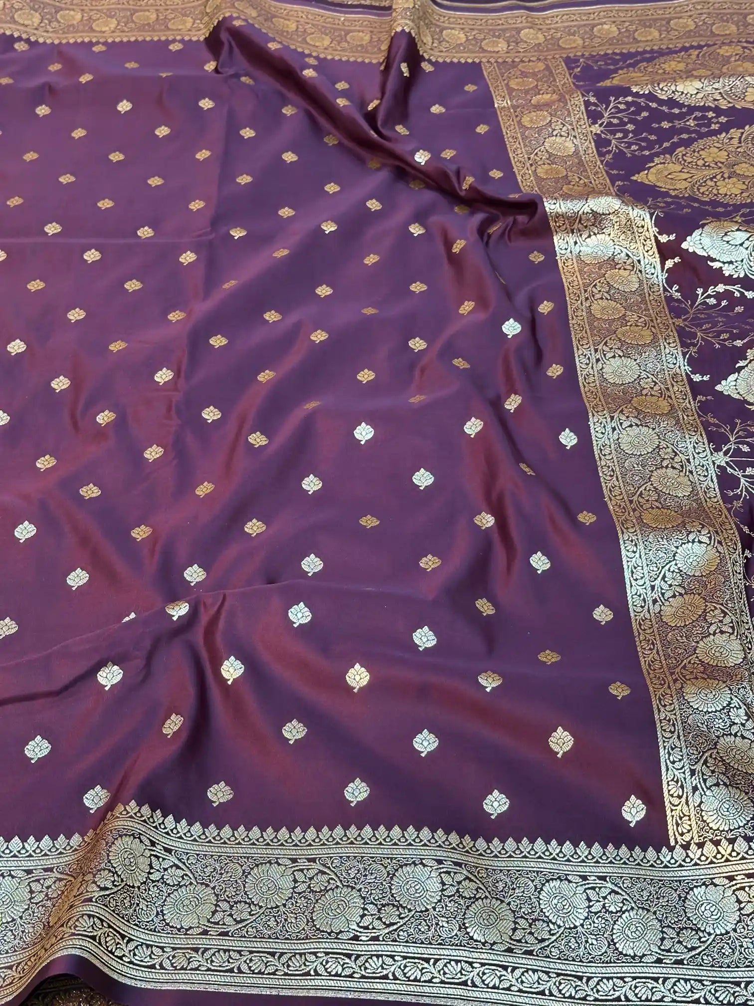 Wine Satin Silk Saree with Buta Design and Classical Pallu