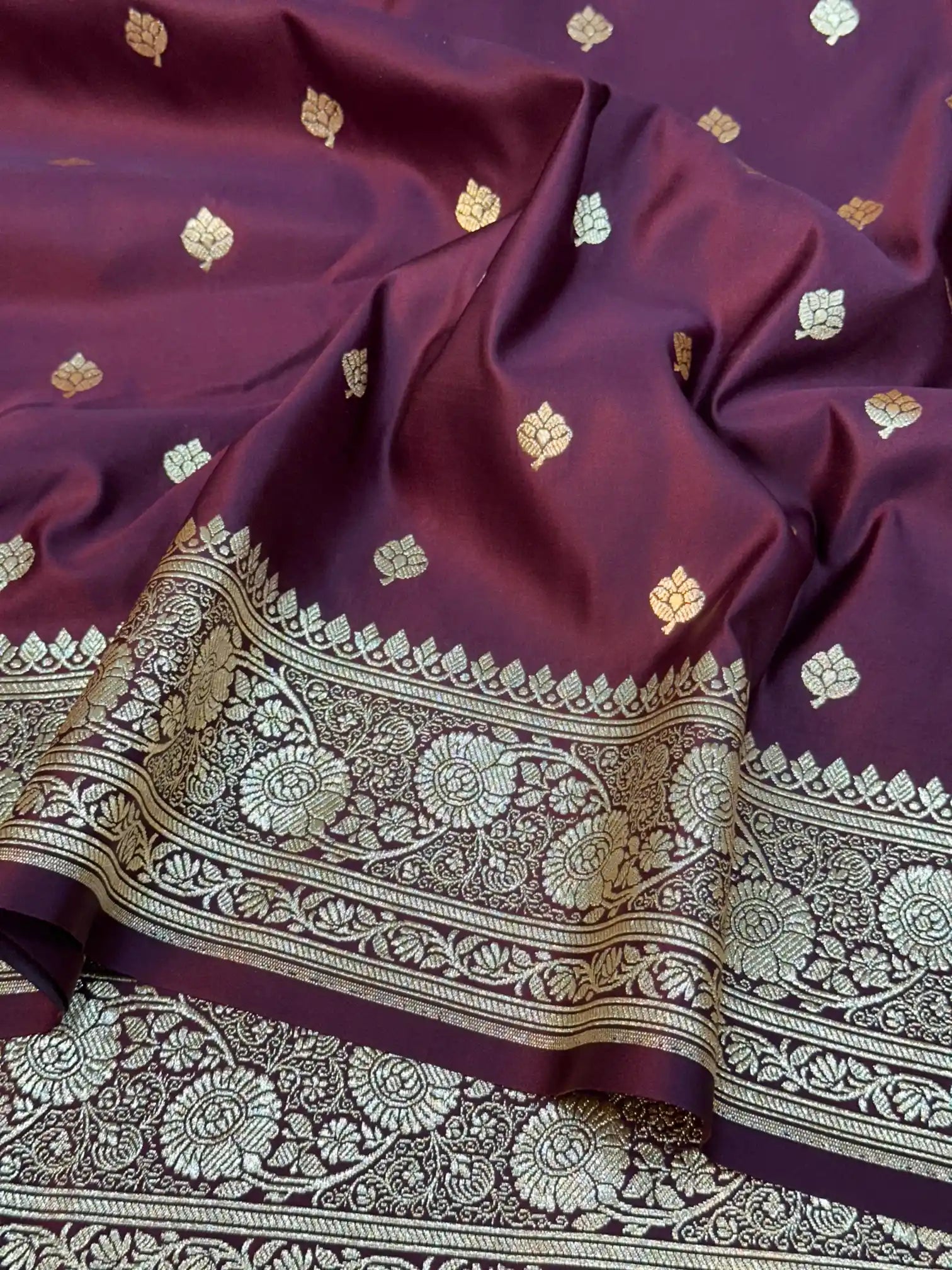 Wine Satin Silk Saree with Buta Design and Classical Pallu
