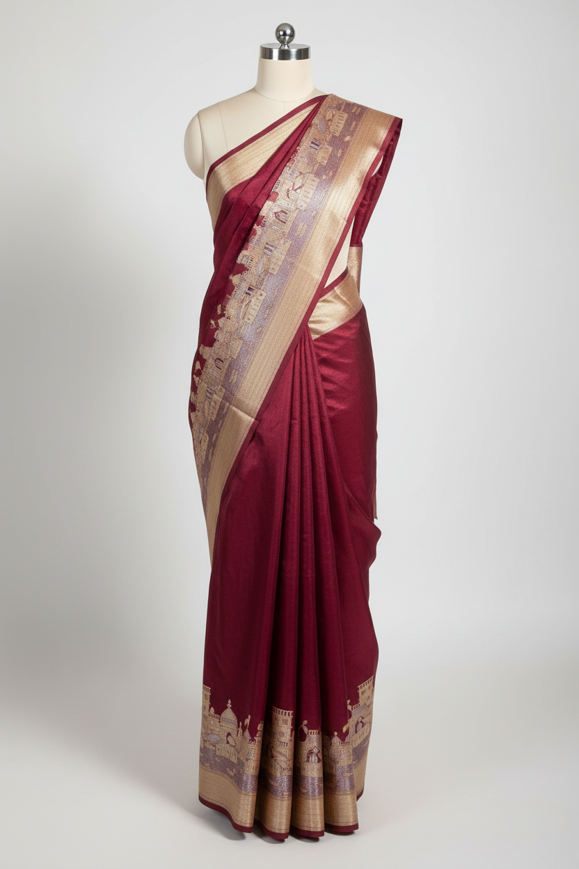 Wine Shade Ghats of Banaras Georgette Silk Banarasi saree