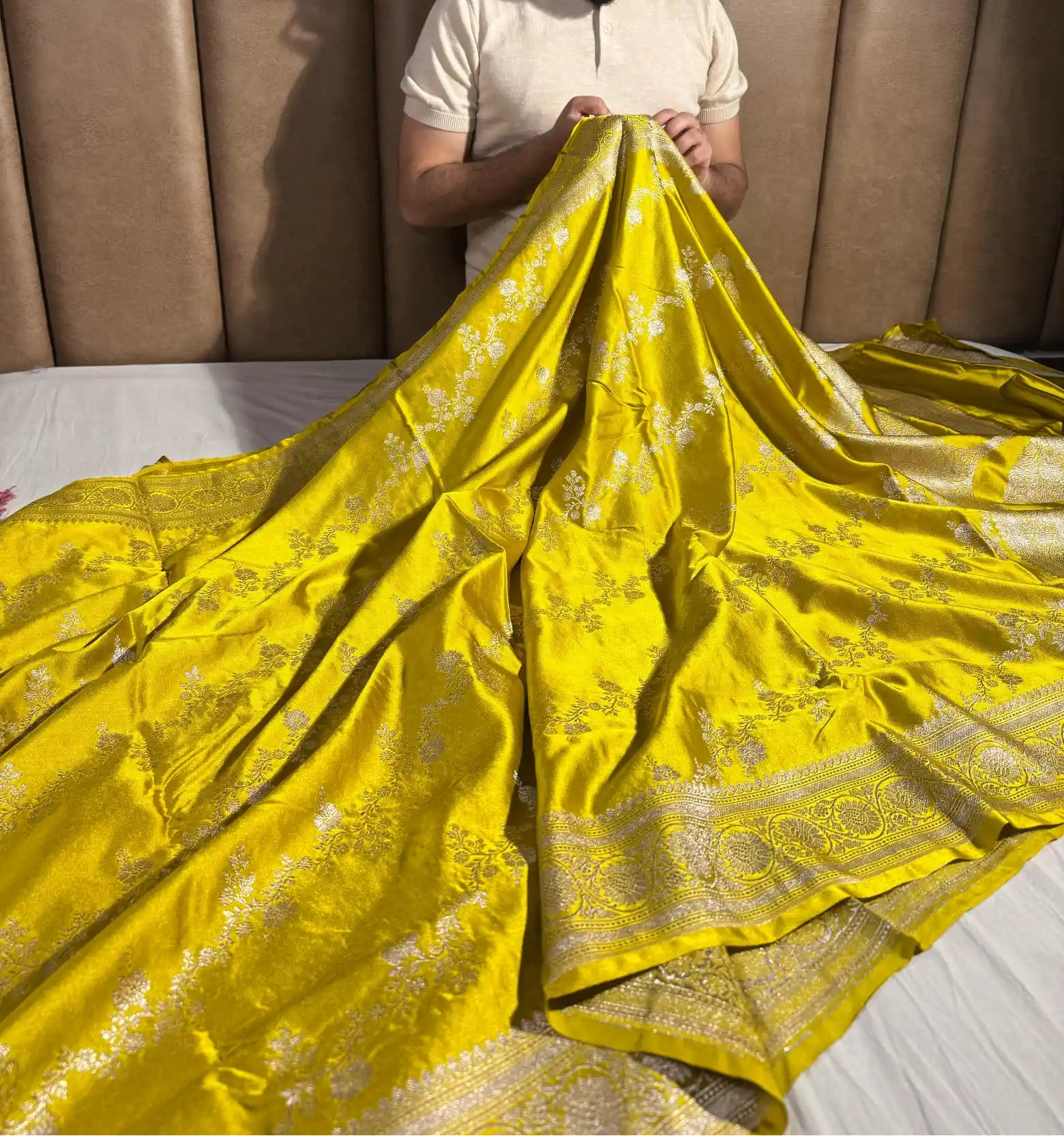Yellow Mashru Katan Silk Banarasi Saree with Rich Pallu and Blouse