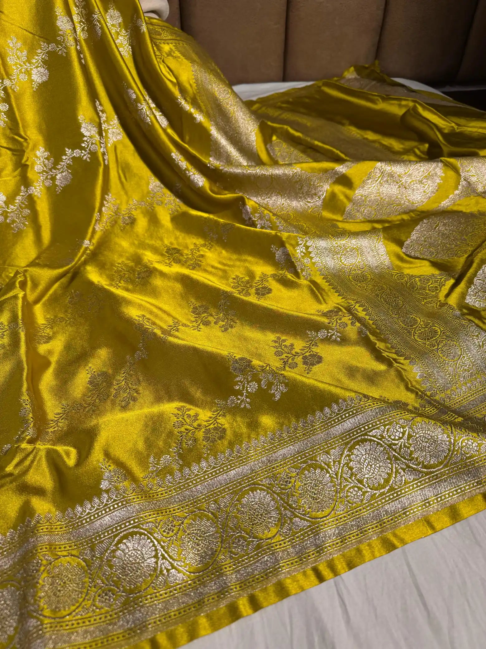 Yellow Mashru Katan Silk Banarasi Saree with Rich Pallu and Blouse