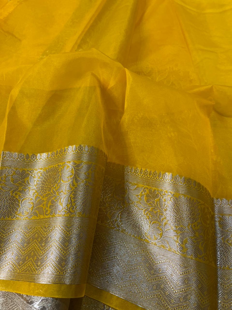 Yellow Organza Silk Chikankari Work Banarasi Saree