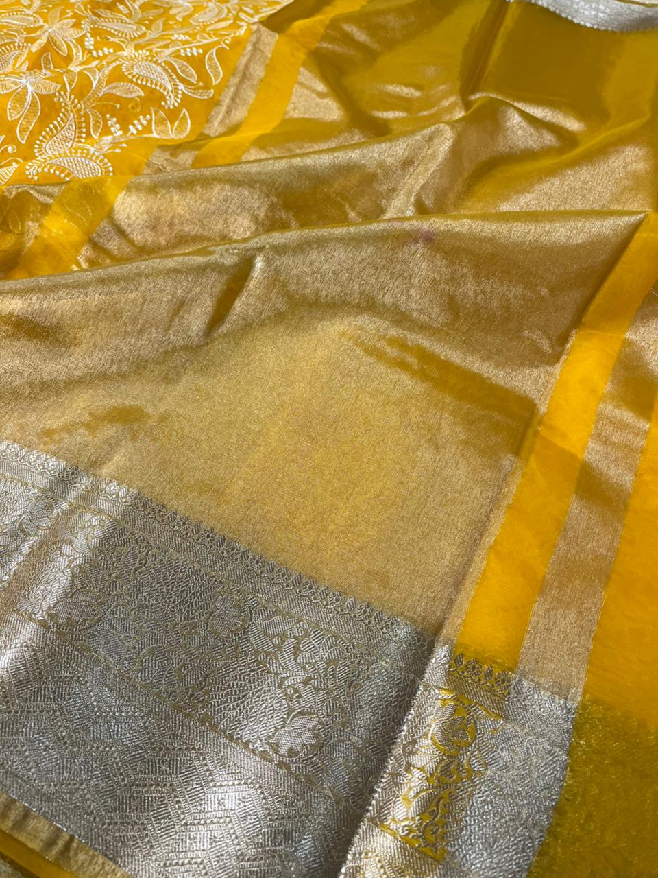 Yellow Organza Silk Chikankari Work Banarasi Saree