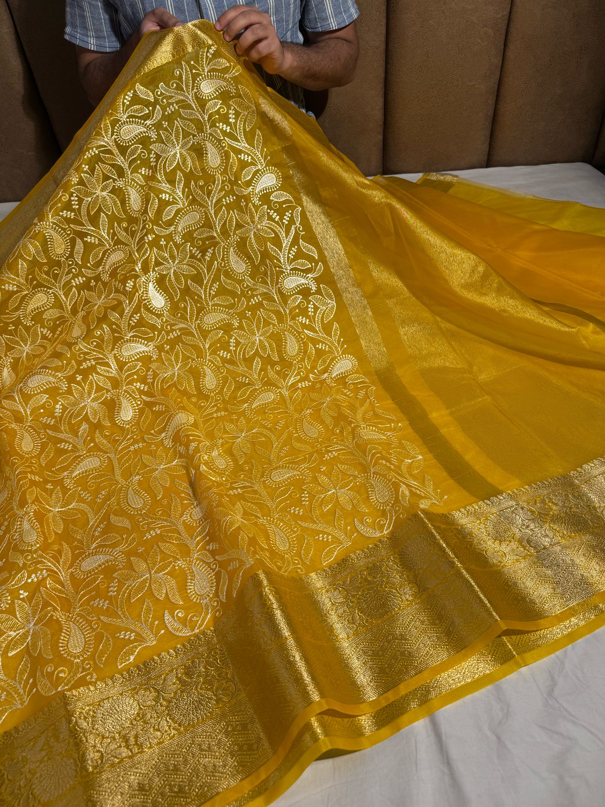 Yellow Premium Chikankari Work Banarasi Saree