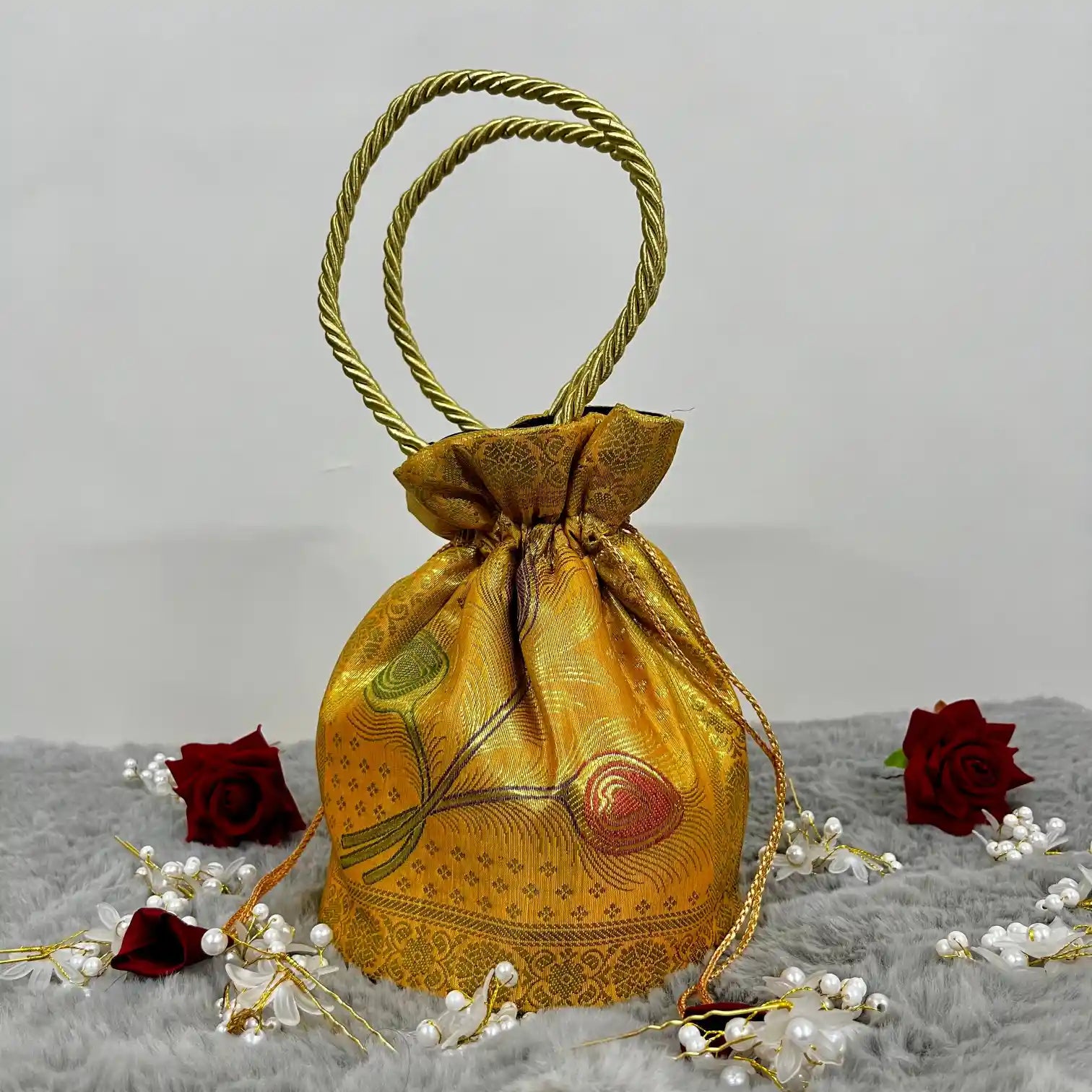 Yellow Shade Banarasi Potli Bags