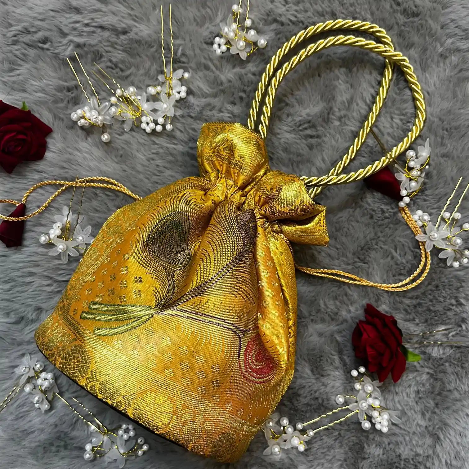 Yellow Shade Banarasi Potli Bags