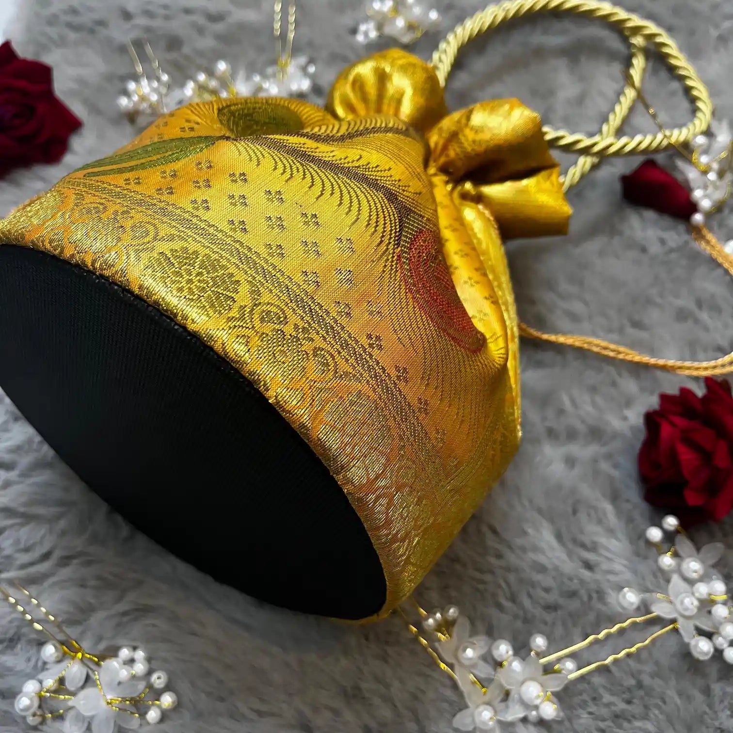 Yellow Shade Banarasi Potli Bags