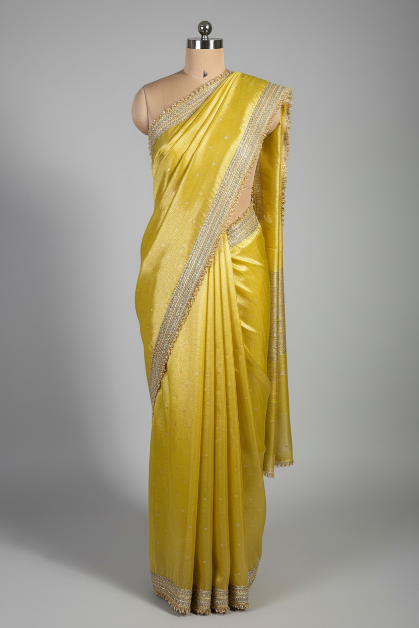 Yellow Shade Tissue Silk Saree with Heavy Lace Work
