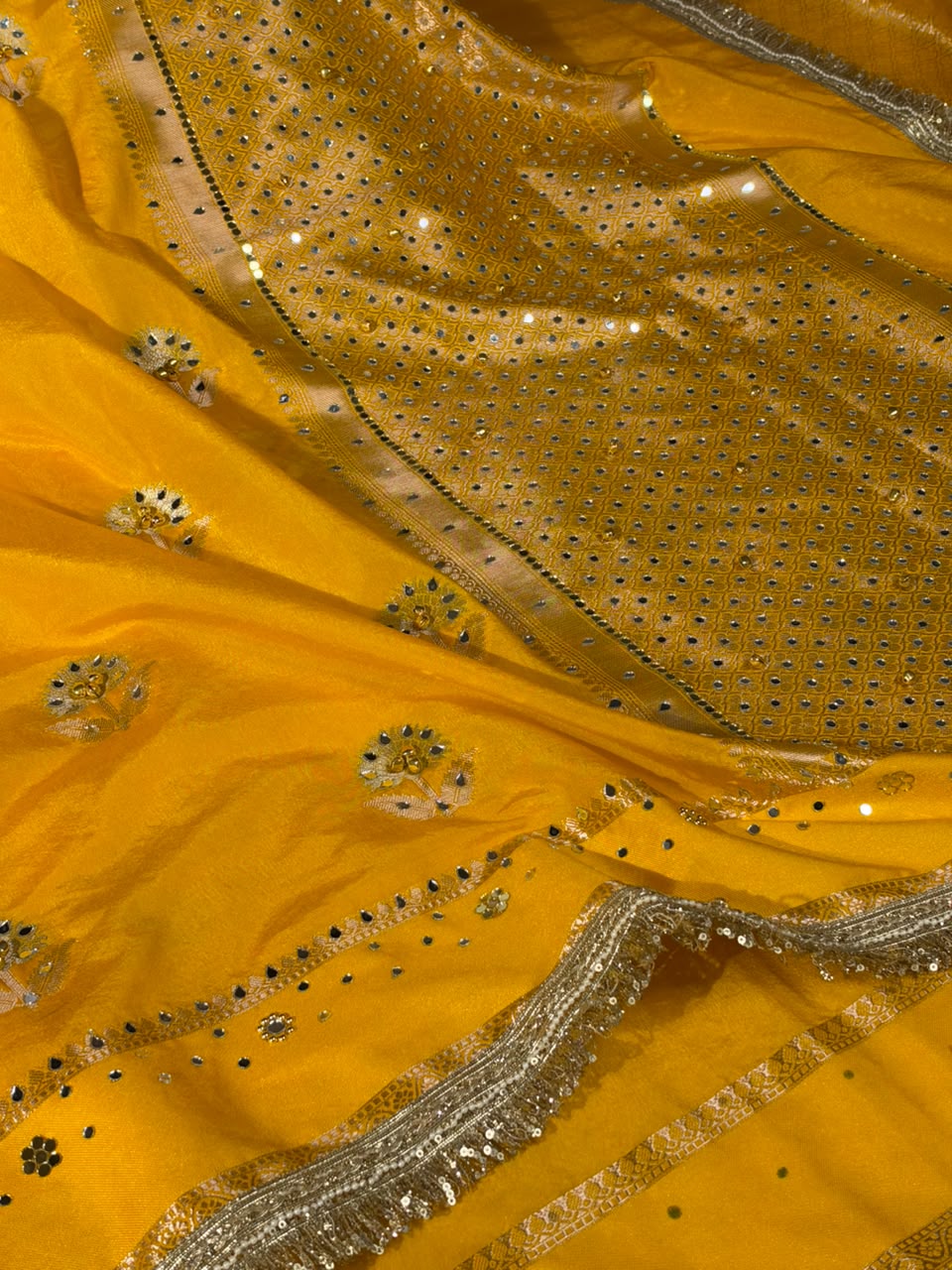 Yellow Soft Georgette Ghungroo Mirror Work Saree