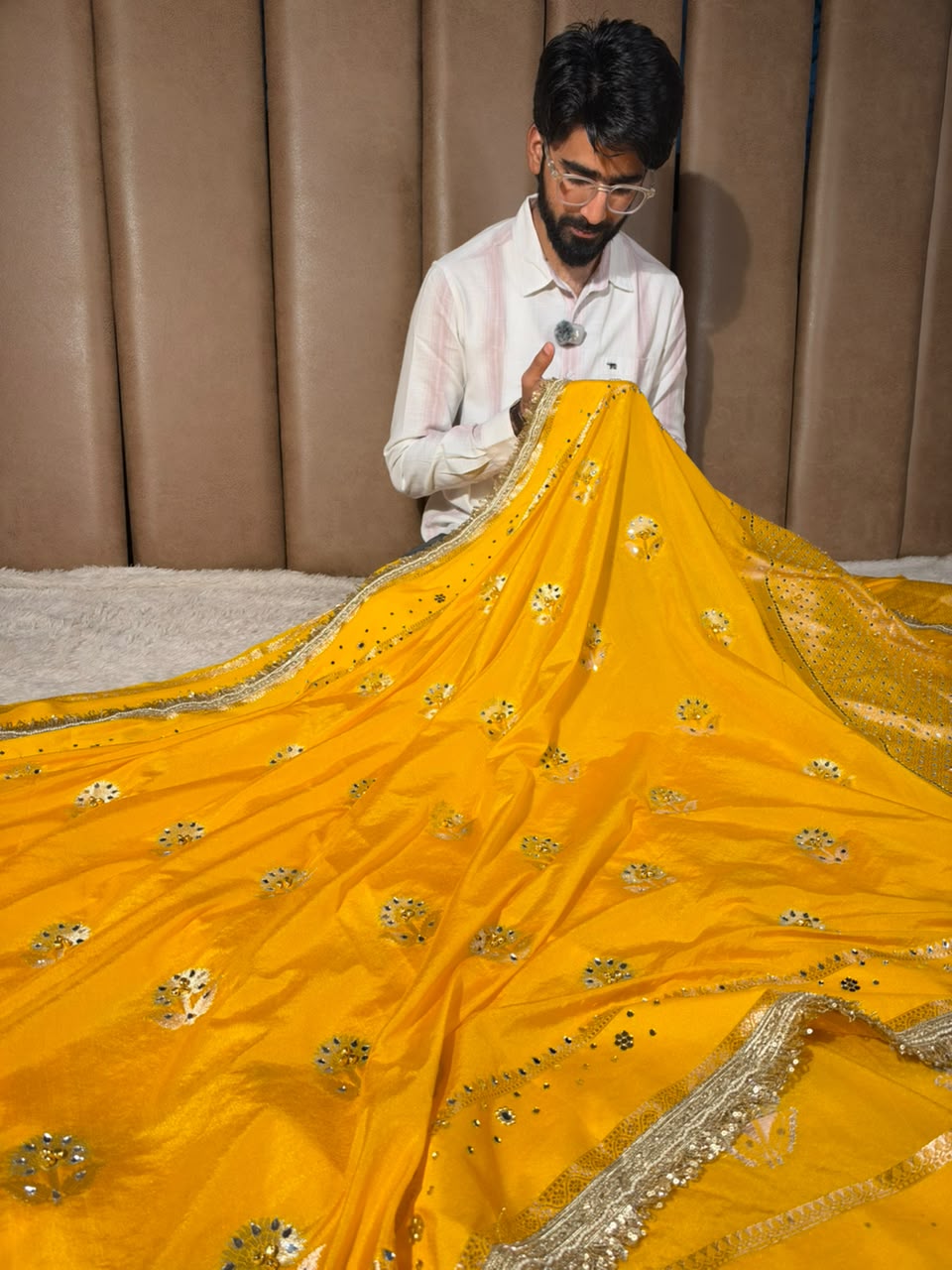 Yellow Soft Georgette Ghungroo Mirror Work Saree