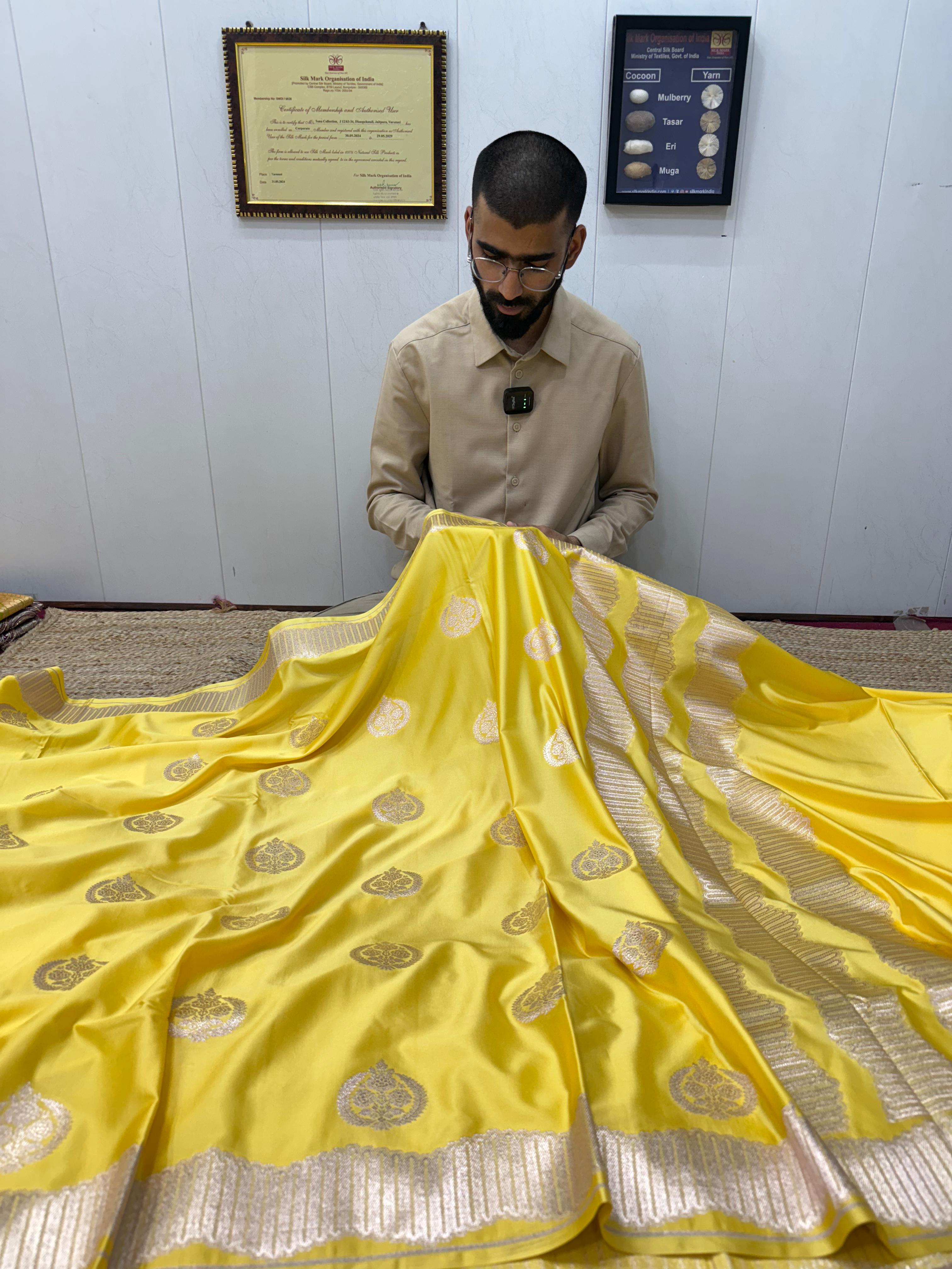 Yellow Mashru Katan Silk Unique Designs Banarasi Saree