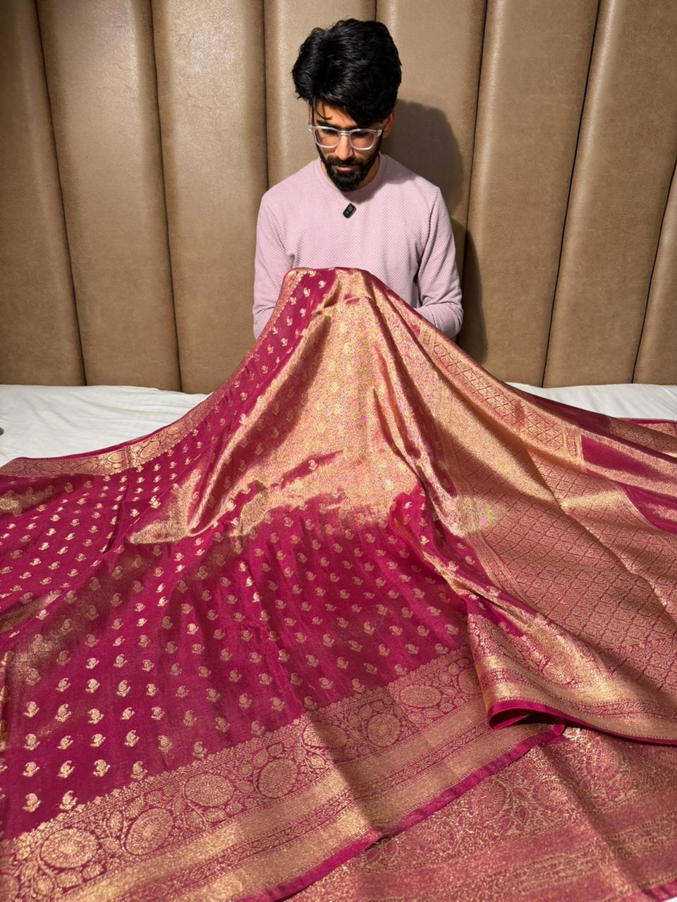 Rusted Rani Premium Kathan Tissue Silk Banarasi Saree