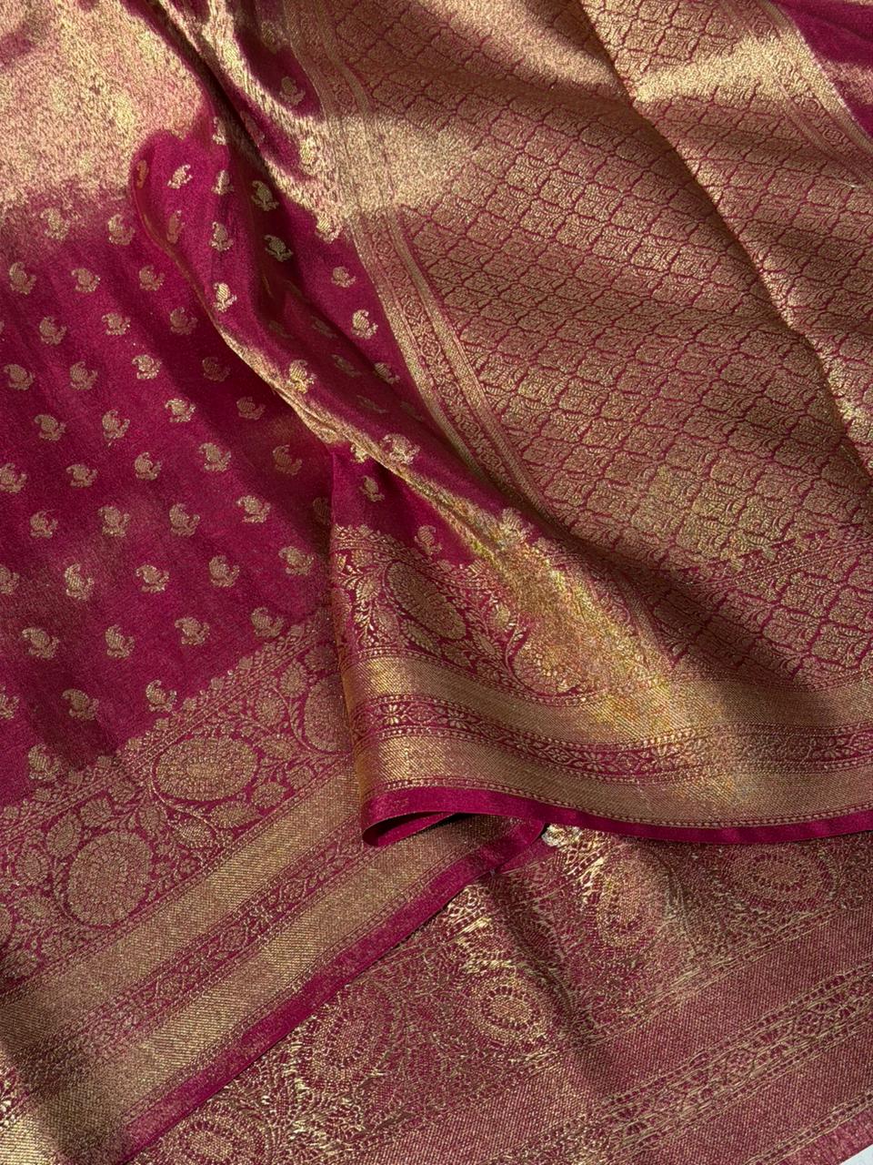 Rusted Rani Premium Kathan Tissue Silk Banarasi Saree