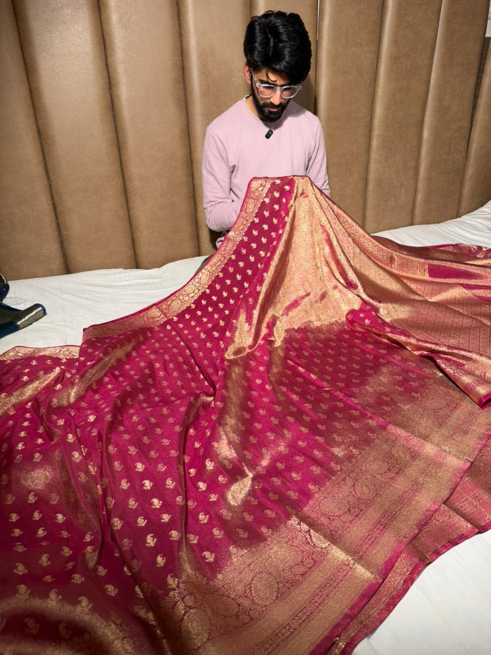 Rusted Rani Premium Kathan Tissue Silk Banarasi Saree