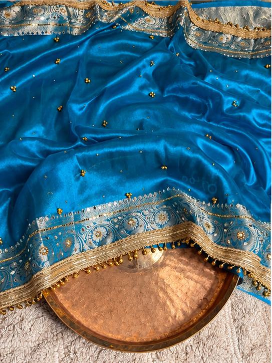Firozi Blue Kora Tissue Viral Ghungroo Saree