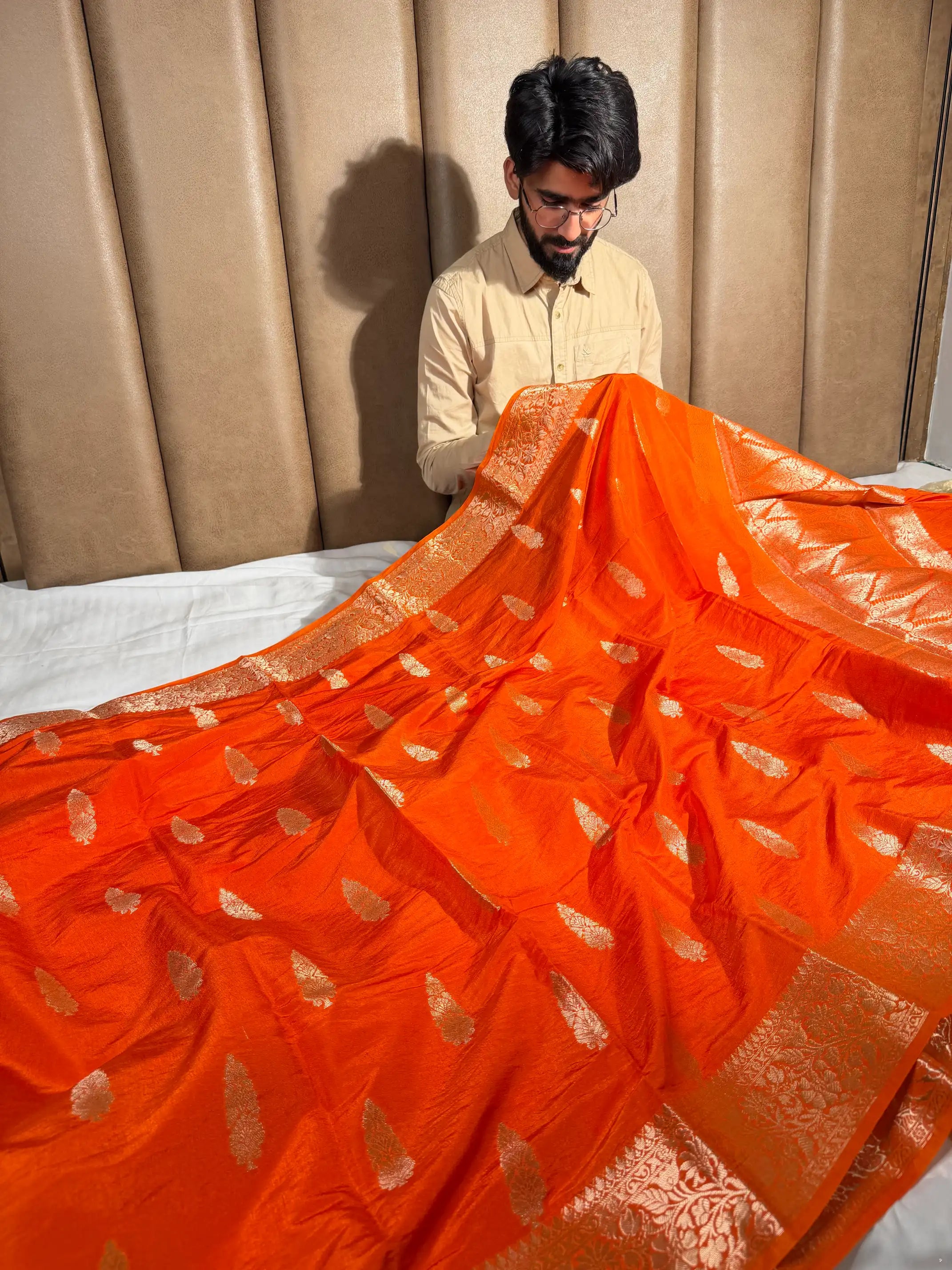 Bright Orange Traditional Chinia Silk Banarasi Saree
