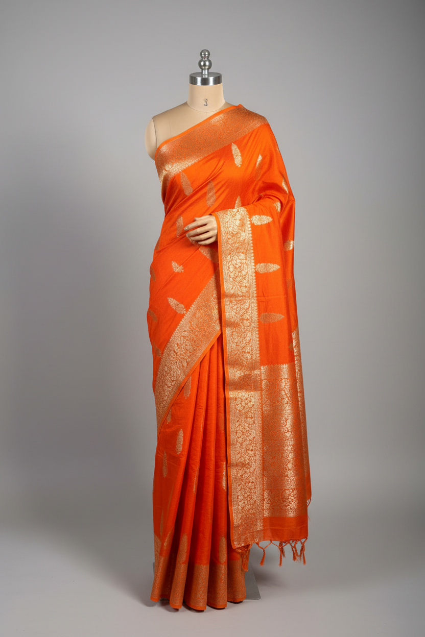 Bright Orange Traditional Chinia Silk Banarasi Saree