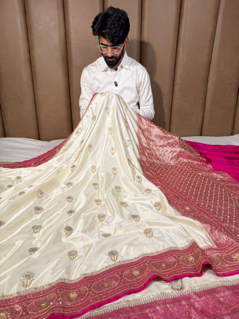 Cream Rani Mashru Katan Silk Premium Handwork Saree