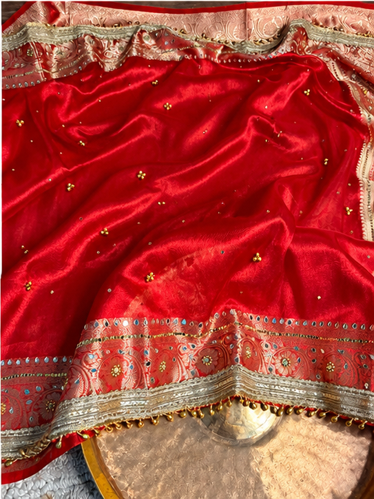 Carmine Red Kora Tissue Viral Ghungroo Saree