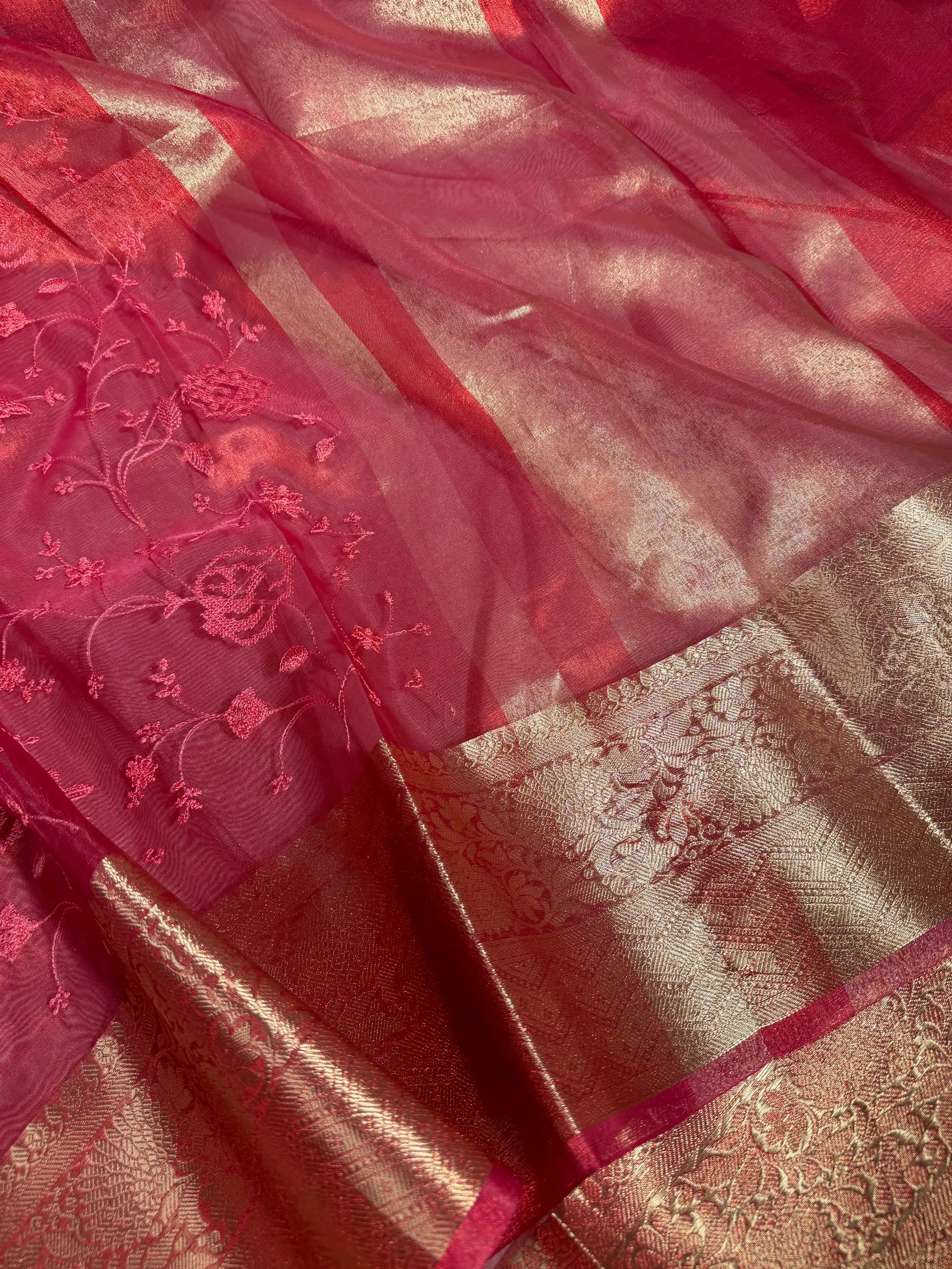 Dhoop Chaon Strawberry Kora Tissue Knitted Embroidery Saree