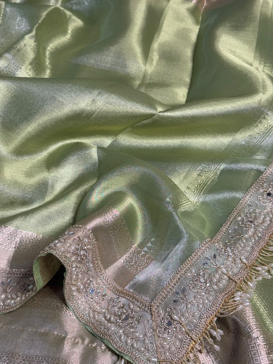 Metallic Green Kanjivaram Brocade Tissue Silk Lace Work Saree