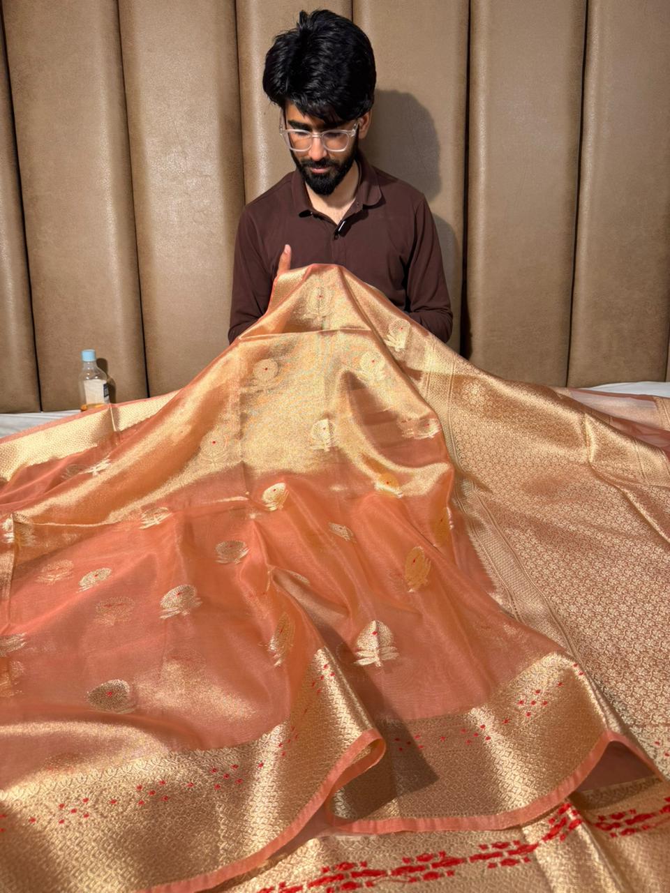 Metallic Peach Meenakari Buta Kora Tissue Saree