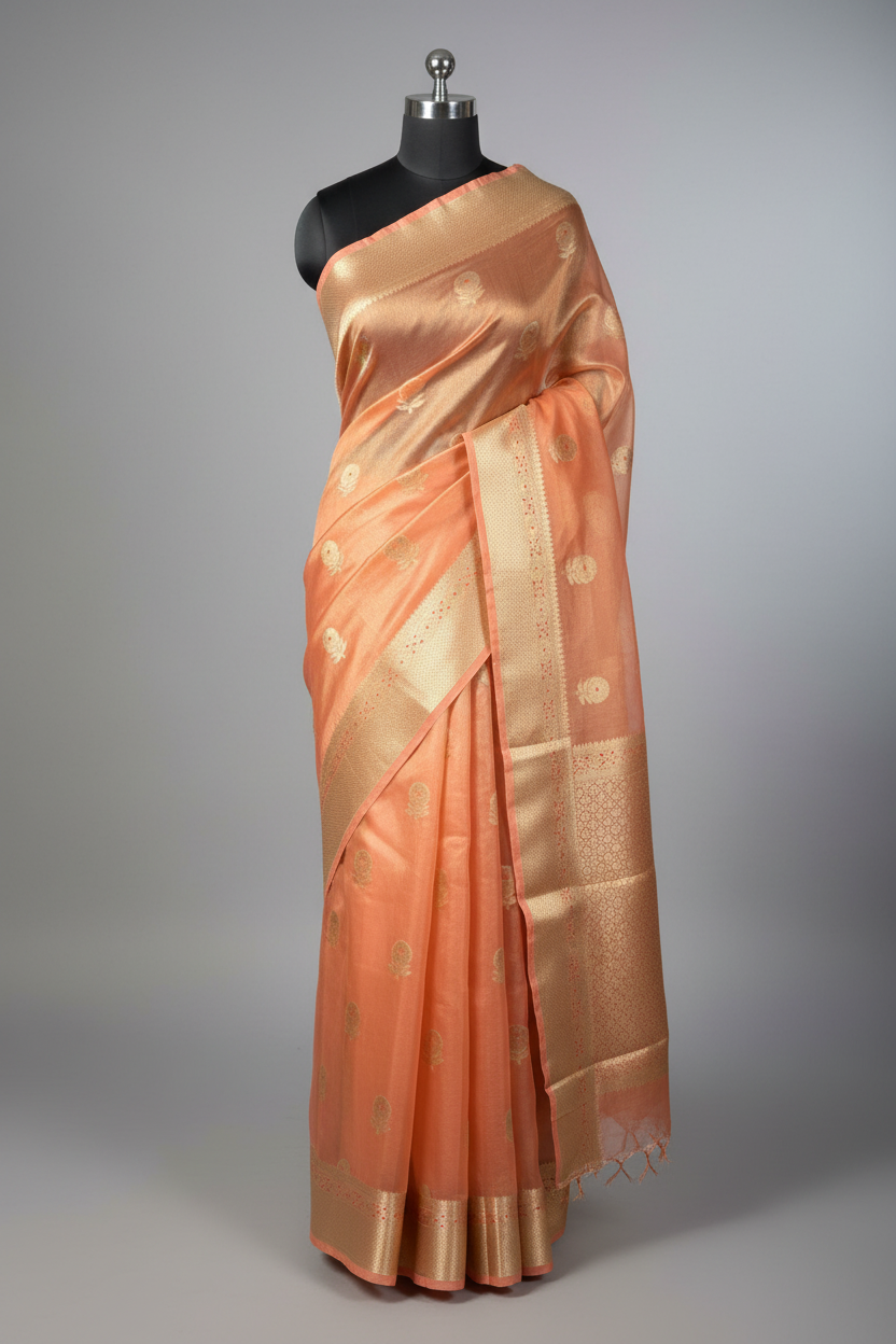 Metallic Peach Meenakari Buta Kora Tissue Saree