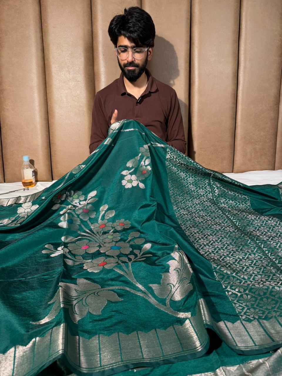 Bottle Green Floral Meenakari Chinia Banarasi Saree