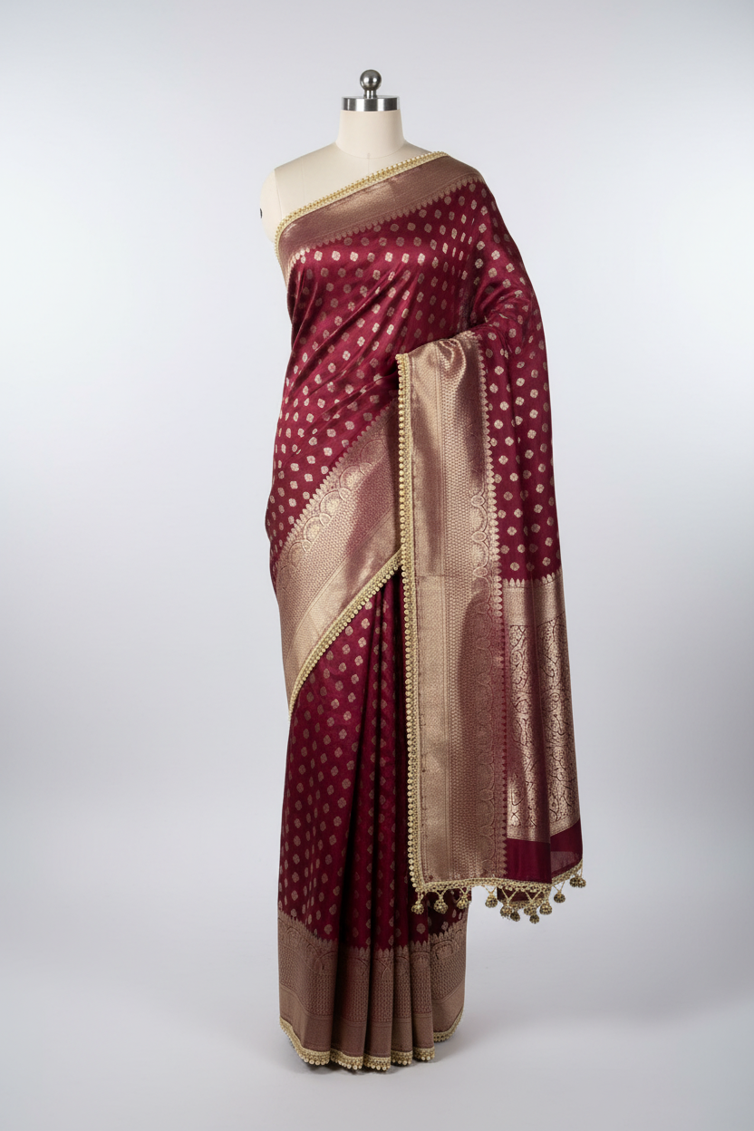 Dark Maroon Chinia Silk Lace Work Banarasi Saree