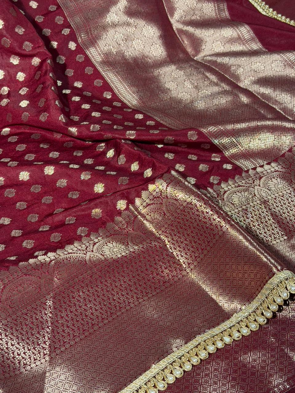 Dark Maroon Chinia Silk Lace Work Banarasi Saree