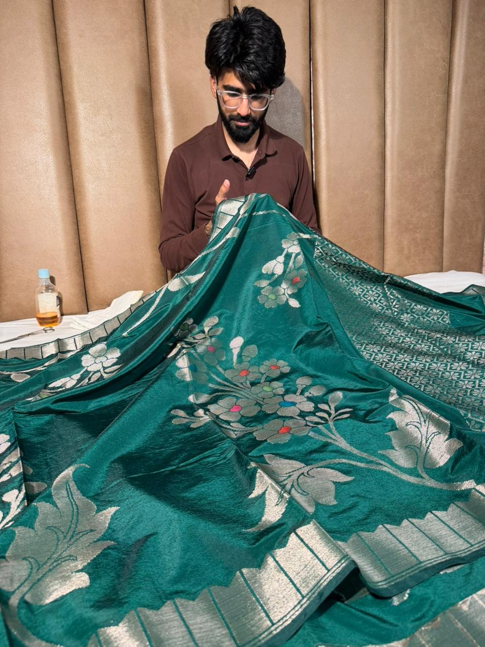 Bottle Green Floral Meenakari Chinia Banarasi Saree