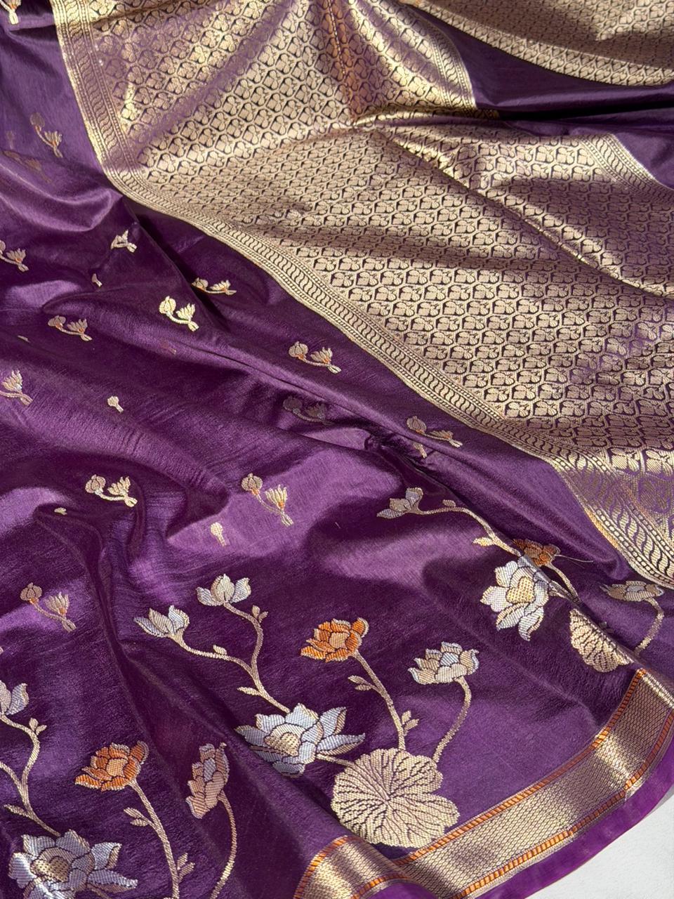 Dusty Purple Floral Border Chinia Silk Banarasi Saree