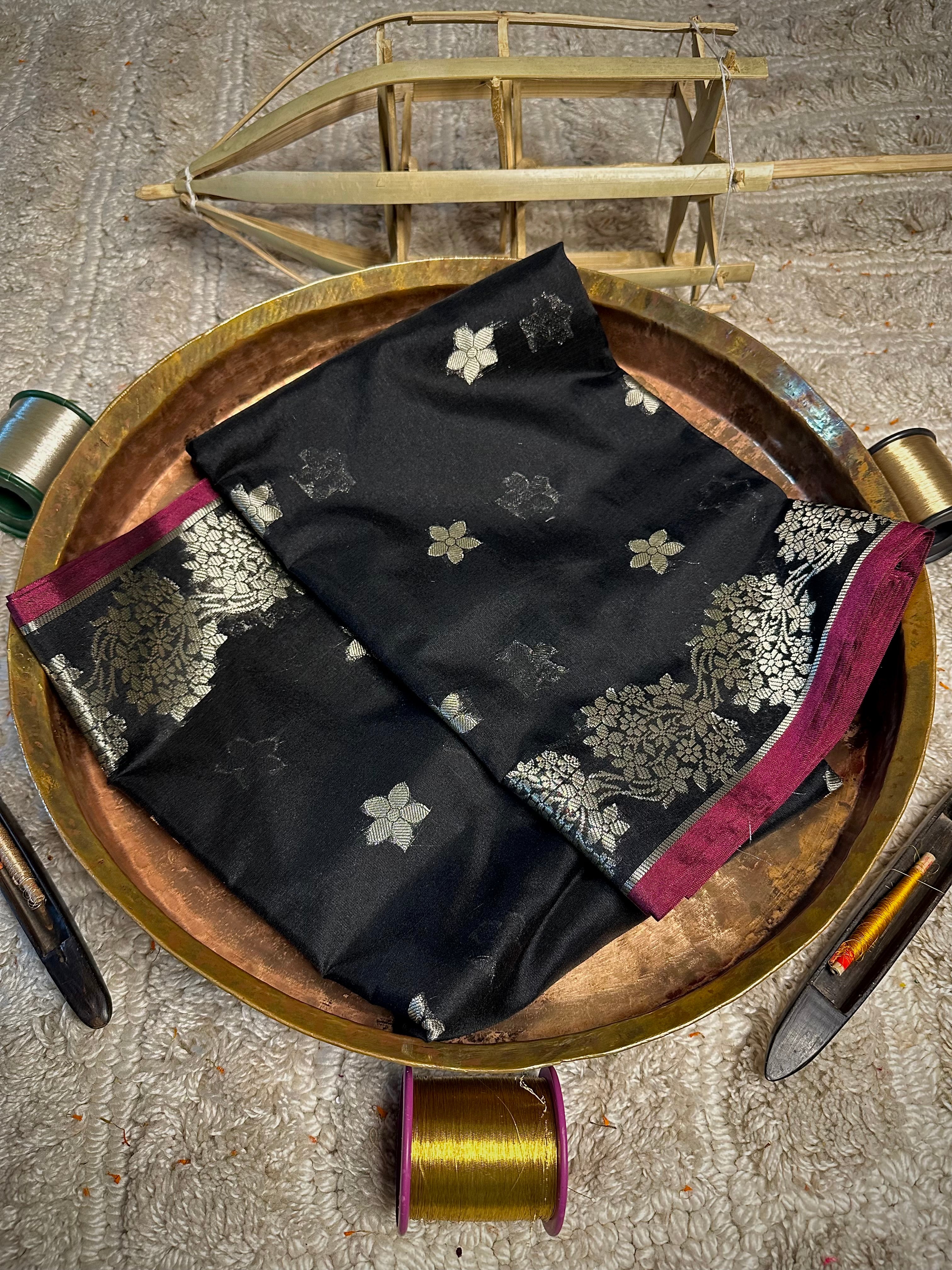 Jet Black Softsilk Buti Weave Saree