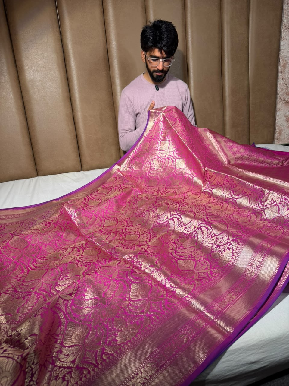 Rani Pink Softsilk Embossed Banarasi Saree