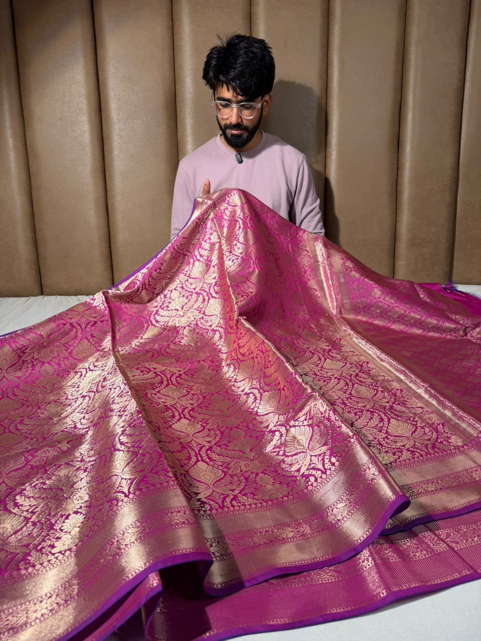 Rani Pink Softsilk Embossed Banarasi Saree