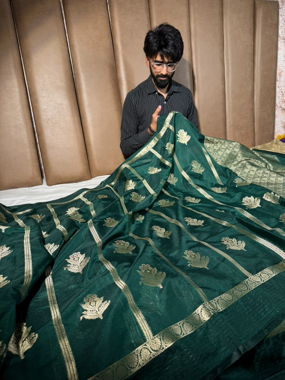 Bottle Green Stripe Weave Chinia Silk Banarasi Saree