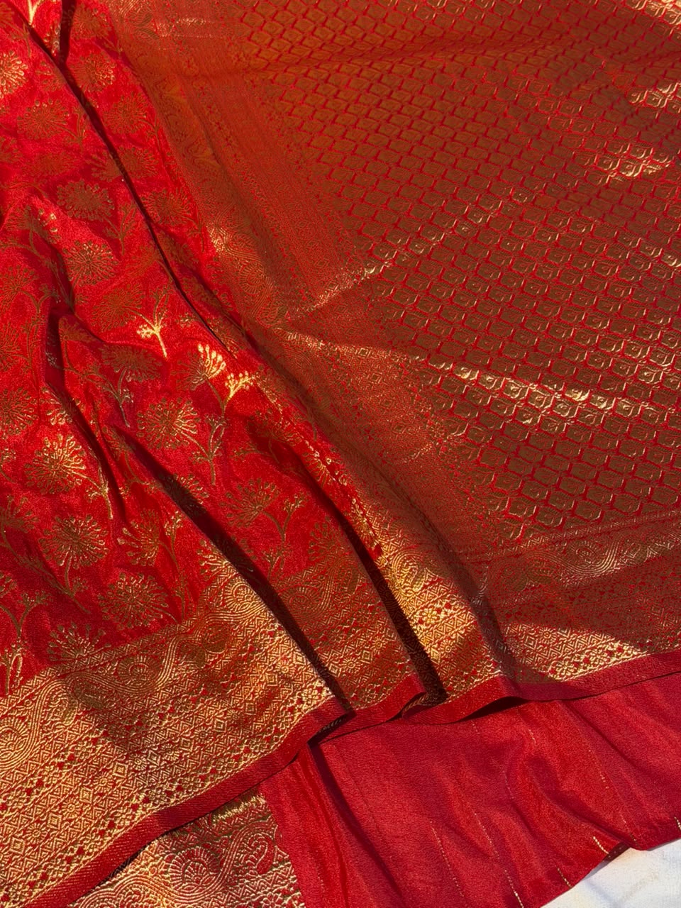 Bright Red Embossed Khaddi Georgette Banarasi Saree