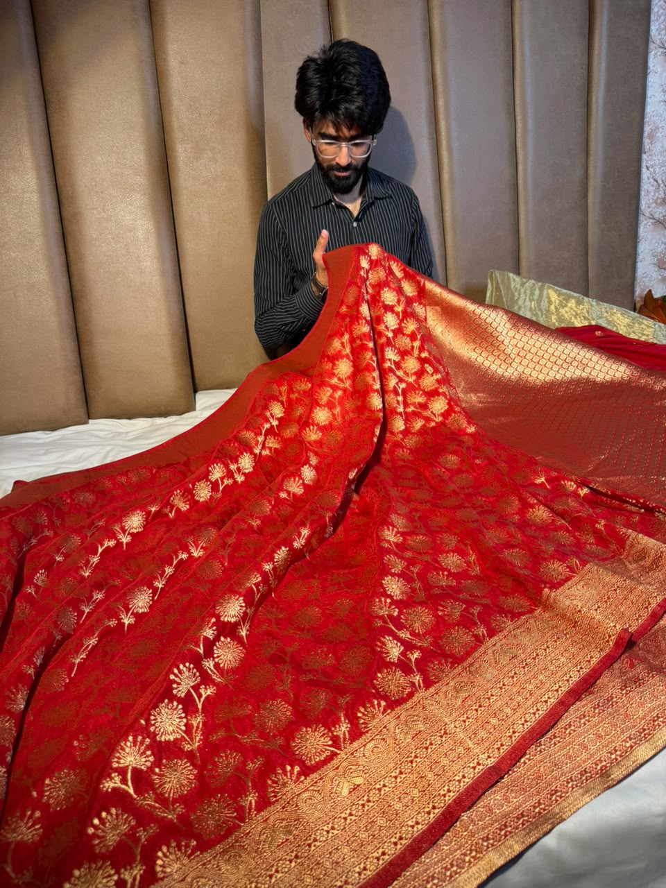 Bright Red Embossed Khaddi Georgette Banarasi Saree